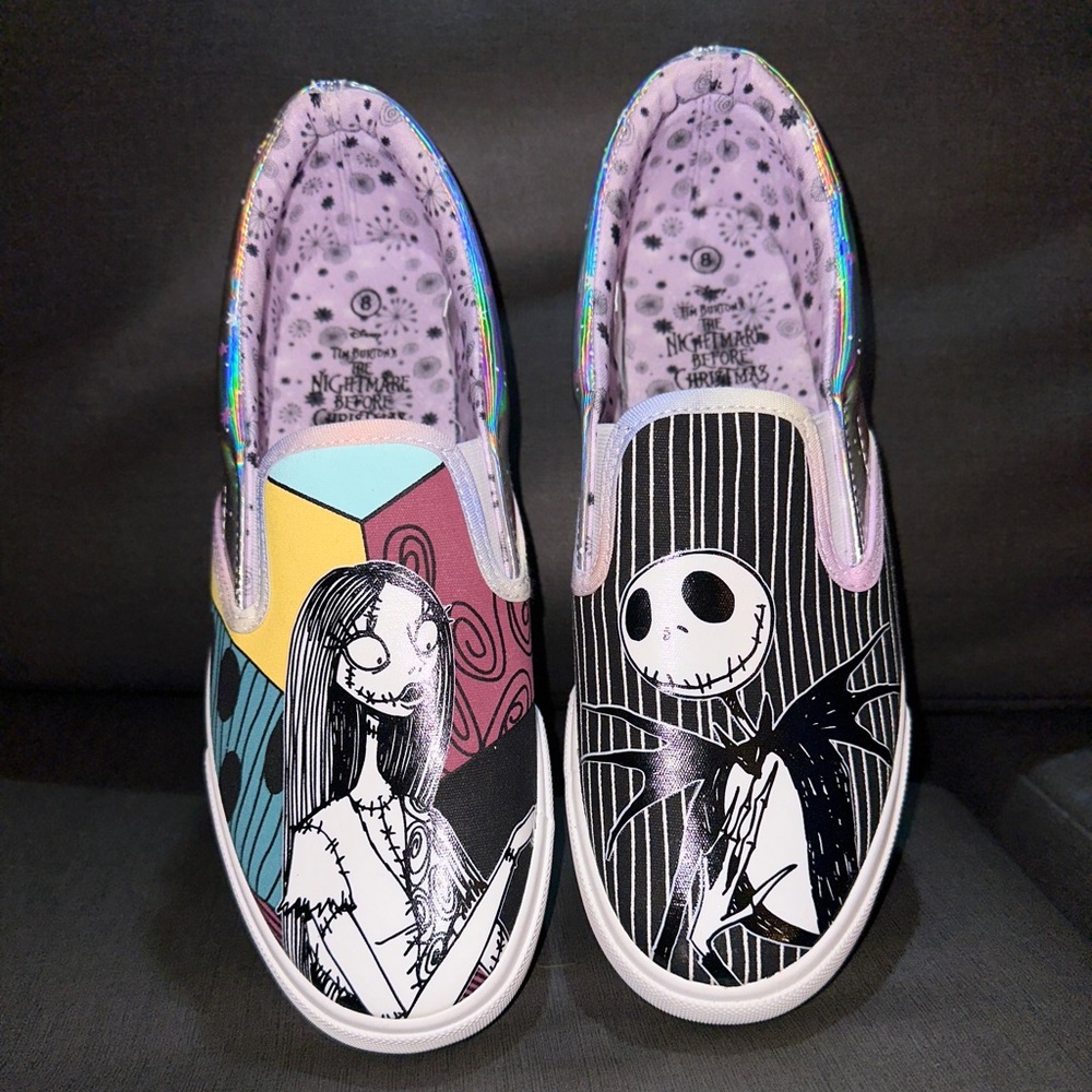 Jack and Sally slip on Flats with Nightmare Before Christmas Art